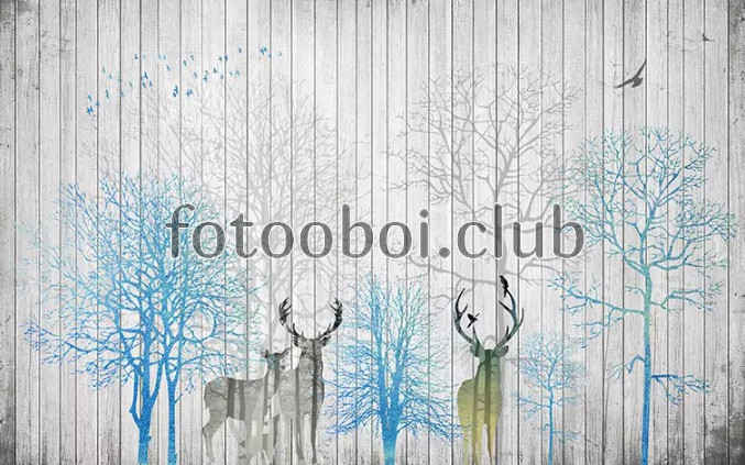 доски, деревья, олени, абстракция